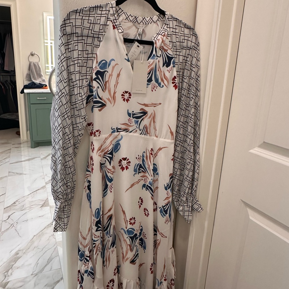Joie Cream and Blue Sundress with Long Bishop Sleeves and V-Neck